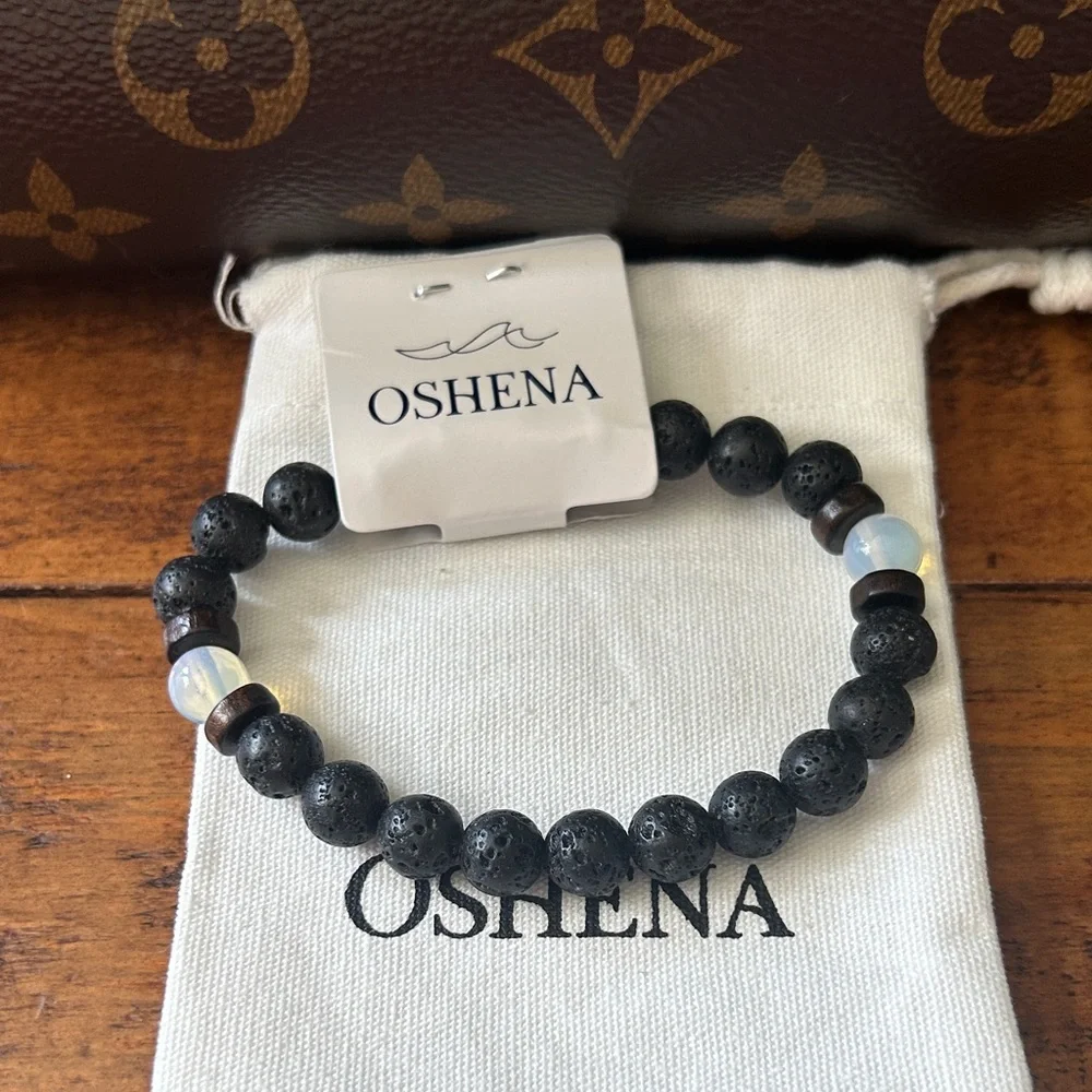 Oshena designer beachwear Black lava Bead Bracelet Opal bead New Release! UNISEX